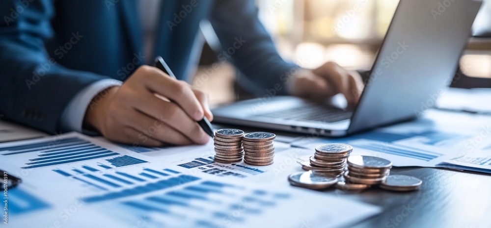 Poster A businessman's hand is writing on a document while working on a laptop computer and a stack of coins are on a desk.