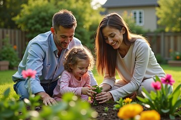 Parents teaching children to plant flowers in a backyard garden