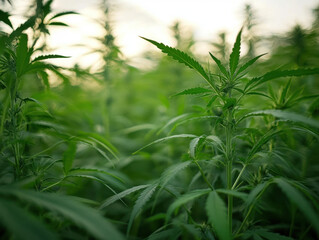 Obraz premium Vibrant cannabis plants thrive in a lush greenhouse during golden hour