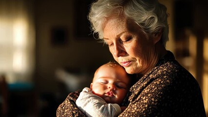 Caring grandmother cradles sleeping baby in warm light, embodying love and tenderness, capturing deep emotional bond of family across generations. - Powered by Adobe