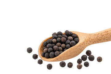 Black Pepper Seeds in Wooden Spoon on White Background