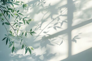 Green leaves casting shadows on white wall from window light