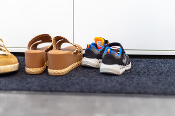 Shoe family, father, mother and children shoe. Sneaker, Brown Sandals, Kids Sneaker