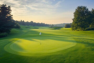 A serene golf course at dawn, featuring a well-maintained green, a hole with a flag, and lush surroundings of trees and open spaces.