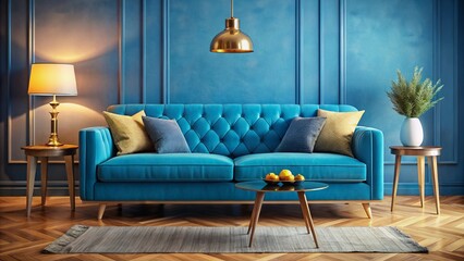 Cozy Retro Living Room with Blue Sofa and Stylish Lamp, Perfect for Home Decor Inspiration and Interior Design Ideas