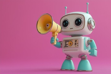 cute retro pastel-colored robot holding up a megaphone on a pink background, with copy space, neon lighting, cyber monday, black friday