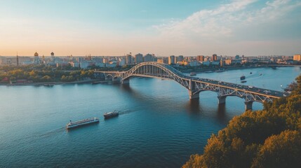 Obraz premium City Bridge Spanning River with Traffic Flowing and Boats Passing Underneath