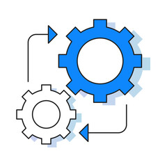 Upstream Downstream System Icon – Two Interlocking Gears with Directional Arrows, Showing Connection Between Sequential Processes