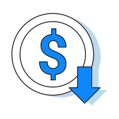 Obraz premium Lower Cost Icon – A Downward Arrow Pointing to a Dollar Sign, Symbolizing Reduced Expenses or Cost Savings