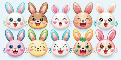 Obraz premium Cute Bunny Emoticon Collection - Kawaii Rabbit Stickers with Various Expressions for Easter Celebrations and Adorable Digital Avatars