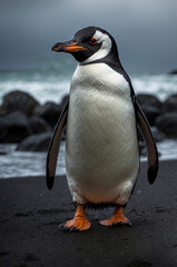 Naklejka premium the isolated cute penguin on the silent beach.