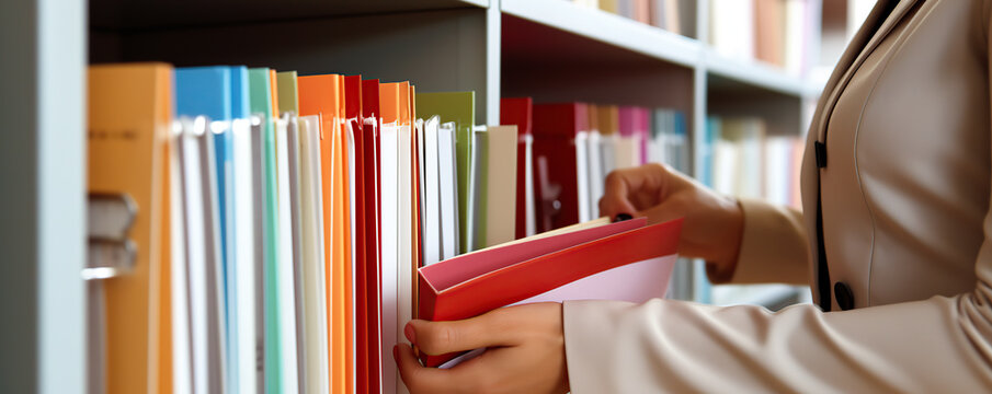 A woman organizing colorful files on a shelf in a modern office during daytime hours