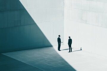 Minimalist concept of two figures discussing plan in simple, clean environment. figures are dressed in suits, emphasizing professionalism and focus
