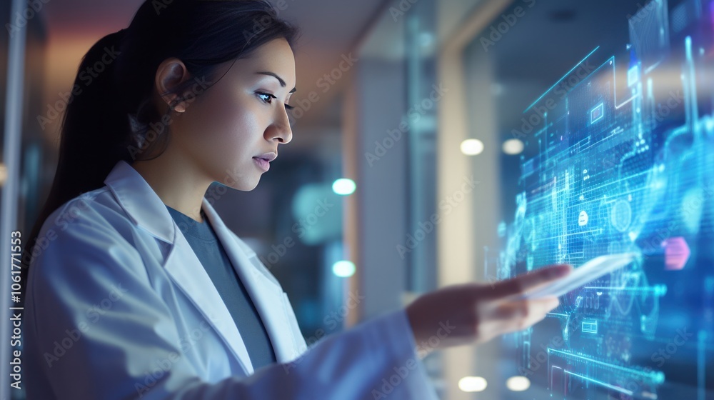 Wall mural In a softly blurred setting, a female physician in a white lab coat interacts with a tablet, showcasing a vibrant holographic display of patient data.