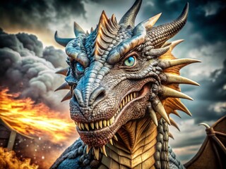 Dark Fantasy Dragon Illustration with Evil Blue Eyes, Design Monster Background, Artistic Fantasy Drawing, Enigmatic Creature Concept Art