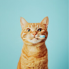 Cat with a toothbrush in his mouth. A Feline Dental Health Concept. 
