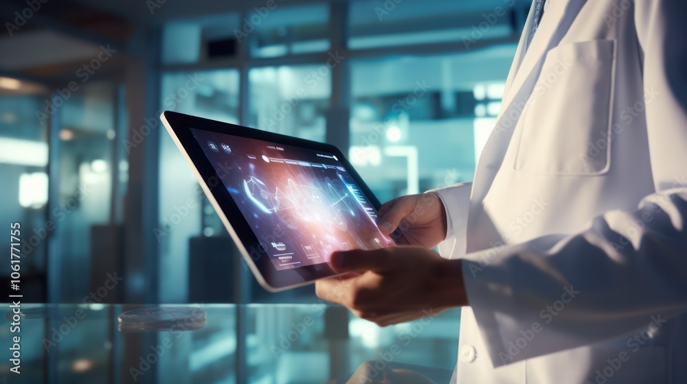 Wall mural a medical expert in a white coat engaged with a large tablet, showing a sleek white background holographic interface.