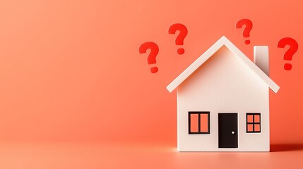 A simple house model surrounded by question marks, symbolizing uncertainty in home ownership decisions and property questions.