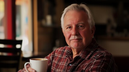 An Elderly Man is Sitting and Enjoying a Cup of Coffee in a Cozy Cafe Setting that Brings Joy
