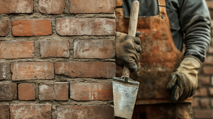 An image of a bricklayer in work clothes with a trowel, standing proudly in front of a completed brick wall. 