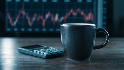 Close-up of Financial Graph on Monitor with Coffee Mug and Calculator on Wooden Desk - Business Analysis Concept