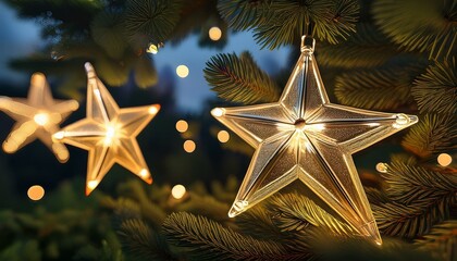 クリスマスツリーに吊り下げられた星型ライトオーナメント、暖かい電球の灯りで特別な夜を彩る