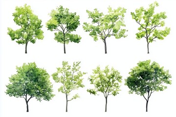 Set of watercolor green tree isolated on white background for landscape and architecture drawing, elements for environment and garden, botanical for section in spring 