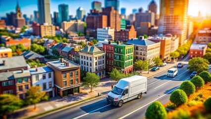 Delivery Van in Urban Landscape - Tilt-Shift Photography of City Flat Illustration with Modern Vehicles, Urban Living, and Cityscape Elements for Creative Projects and Marketing Use