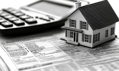 A calculator and house model on financial documents, symbolizing real estate investment.