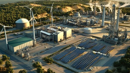 Decarbonization, wind and solar power in industrial zones, 3D illustration 