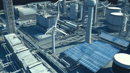 Naklejka premium Decarbonization, wind and solar power in industrial zones, 3D illustration 