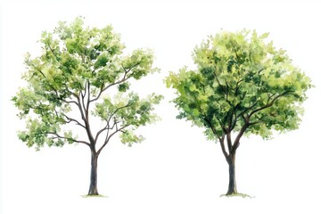 Set of watercolor green tree isolated on white background for landscape and architecture drawing, elements for environment and garden, botanical for section in spring 
