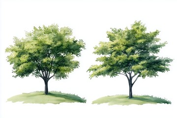 Obraz premium Set of watercolor green tree isolated on white background for landscape and architecture drawing, elements for environment and garden, botanical for section in spring 
