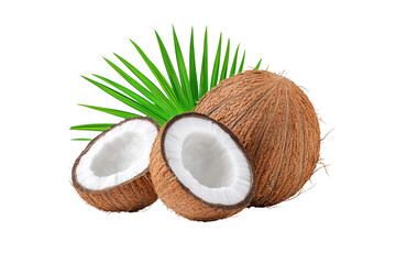 Fresh Coconut with Green Palm Leaves on White Background