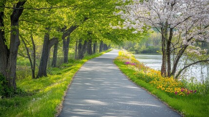 Obraz premium Scenic bike path lined with trees and flowers background