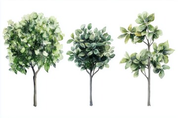 Set of watercolor green tree isolated on white background for landscape and architecture drawing, elements for environment and garden, botanical for section in spring 