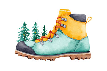 Colorful Hiking Boot with Pine Trees Background