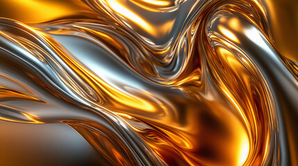 An abstract 3D scene where molten, metallic colors like gold, silver, and copper are extruded into smooth, flowing shapes.