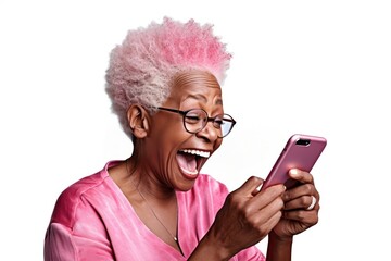 Fototapeta premium Senior African American woman smiles telephone laughing adult.