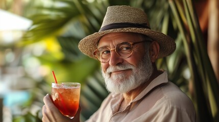 A bearded man wearing a stylish hat is holding a drink with a straw