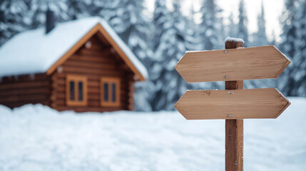 Naklejka premium Cozy log cabin in a snowy landscape with wooden signposts, capturing the essence of winter tranquility in a serene environment.