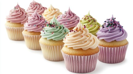 row of cupcakes with pastel-colored frosting on a white background