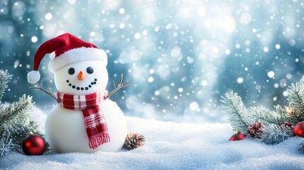 Snowman in winter landscape holiday decorations background