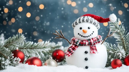 Fototapeta premium Snowman in winter landscape holiday decorations background