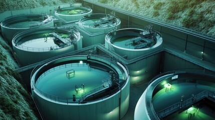 CO2 capture and storage, underground facility with carbon tanks, 3D illustration