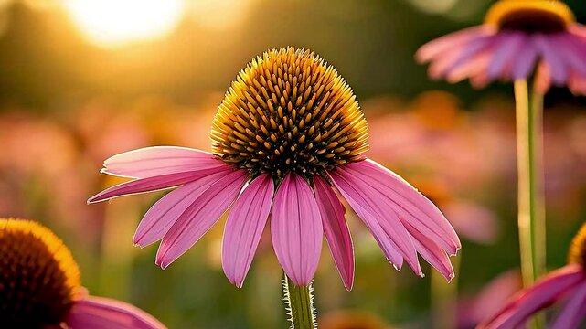a purple coneflower  in a field of  other purple flowers