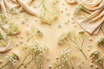 Elegant Fashion Photography with Gypsophila Flowers Pattern on Light Beige Background for Stylish Apparel and Accessories