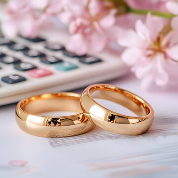 Two Wedding bands with a calculator and pink flowers in the background. A wedding budget concept. 