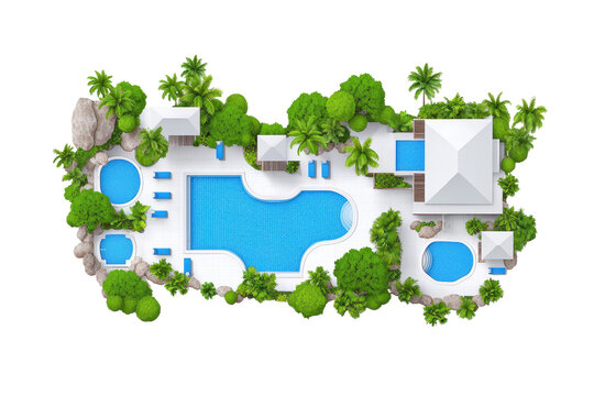 Aerial View of Tropical Swimming Pool and Landscape