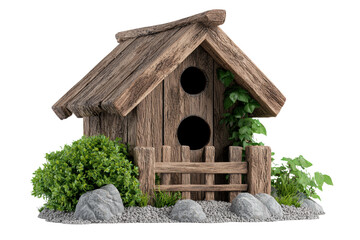 Rustic Wooden Birdhouse Surrounded by Greenery